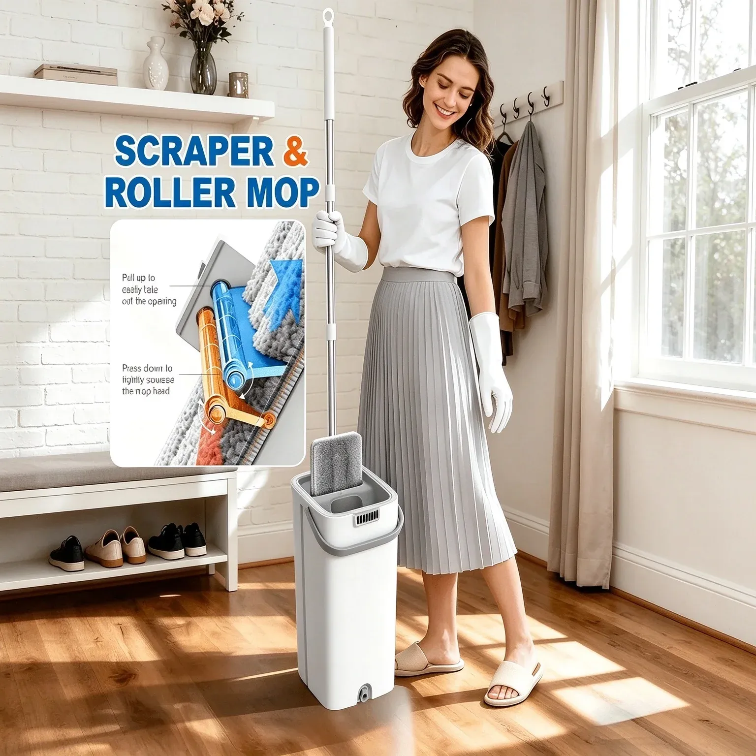 Ensemble seau et balai serpillière plat à essorage sans contact, avec 6 tampons en microfibre lavables, pivotant à 360°, pour nettoyage humide et sec 4