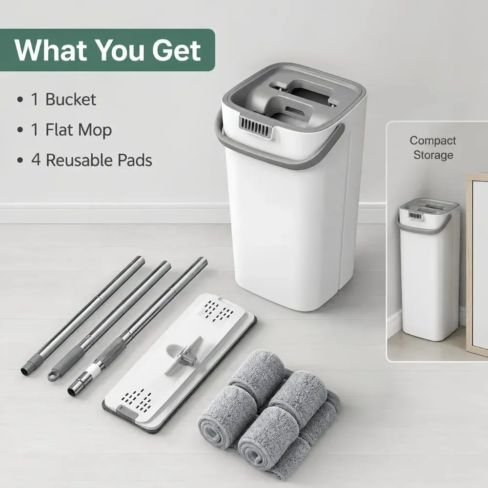 Ensemble seau et balai serpillière plat à essorage sans contact, avec 6 tampons en microfibre lavables, pivotant à 360°, pour nettoyage humide et sec 7