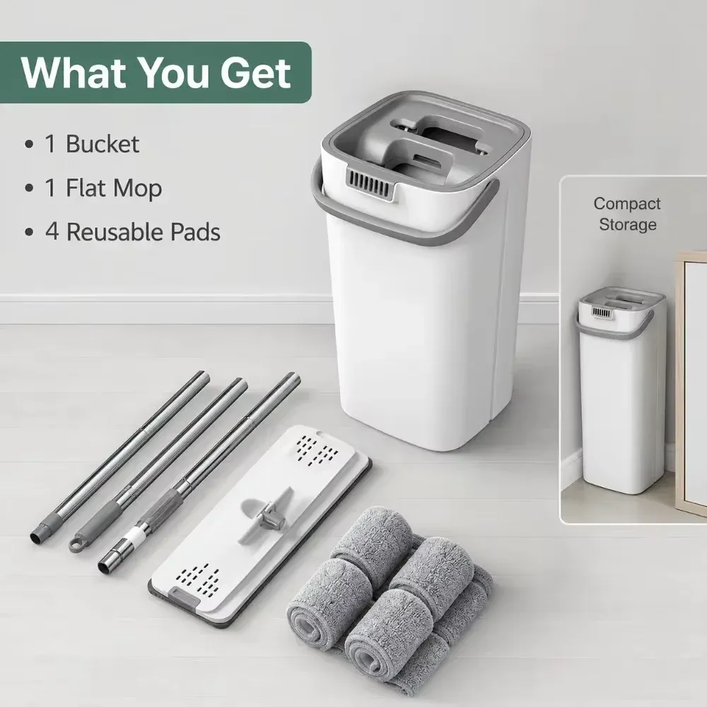 Ensemble seau et balai serpillière plat à essorage sans contact, avec 6 tampons en microfibre lavables, pivotant à 360°, pour nettoyage humide et sec 8