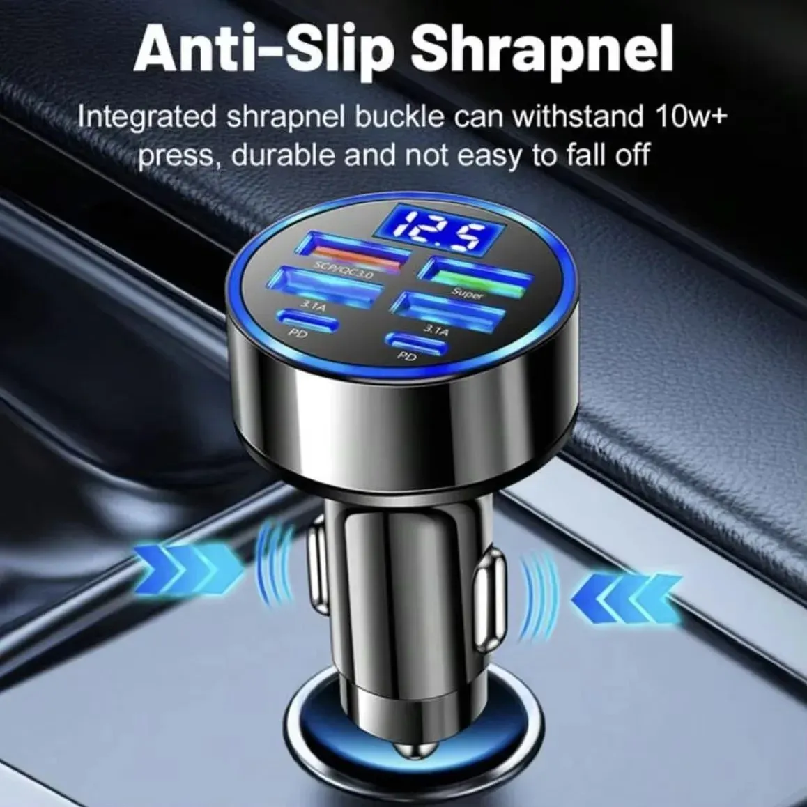 Chargeur de voiture 6 en 1 à charge rapide avec 4 ports USB et 2 ports USB-C, écran numérique de tension pour allume-cigare 2
