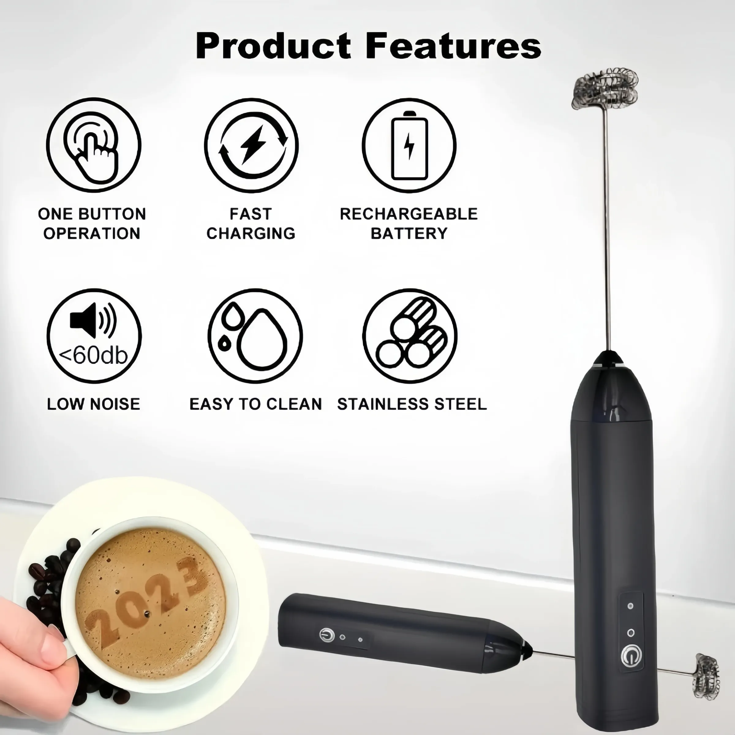Mousseur à lait USB rechargeable, 3 vitesses, mini fouet électrique pour café et œufs 2
