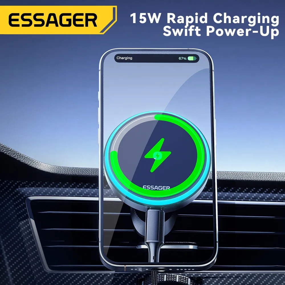 Support magnétique sans fil Essager 15 W pour voiture, rotation à 360°, chargeur à induction pour iPhone 15, 14, 13 Pro et Samsung 5