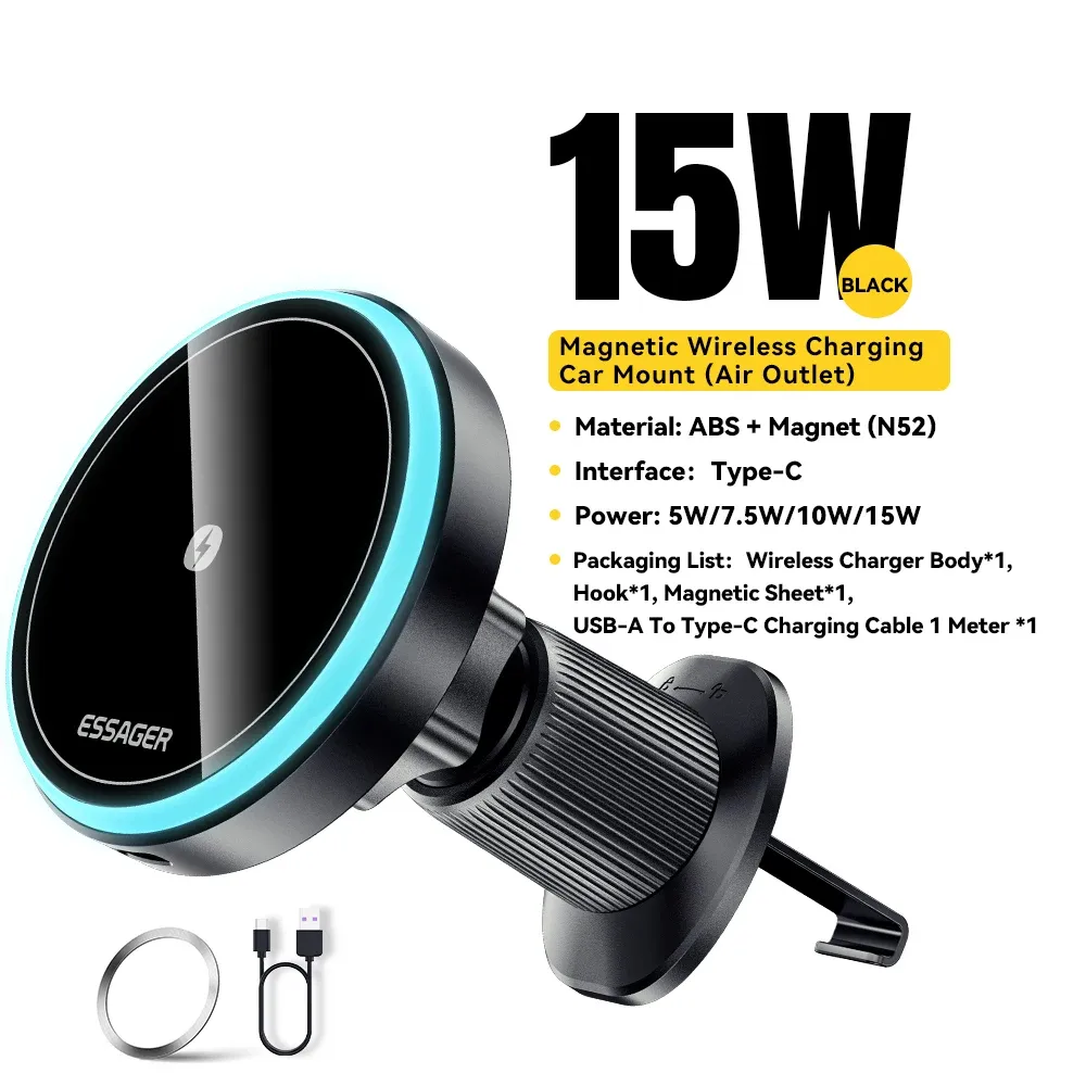 Support magnétique sans fil Essager 15 W pour voiture, rotation à 360°, chargeur à induction pour iPhone 15, 14, 13 Pro et Samsung 8