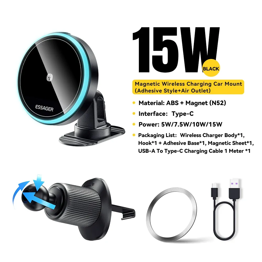 Support magnétique sans fil Essager 15 W pour voiture, rotation à 360°, chargeur à induction pour iPhone 15, 14, 13 Pro et Samsung 9