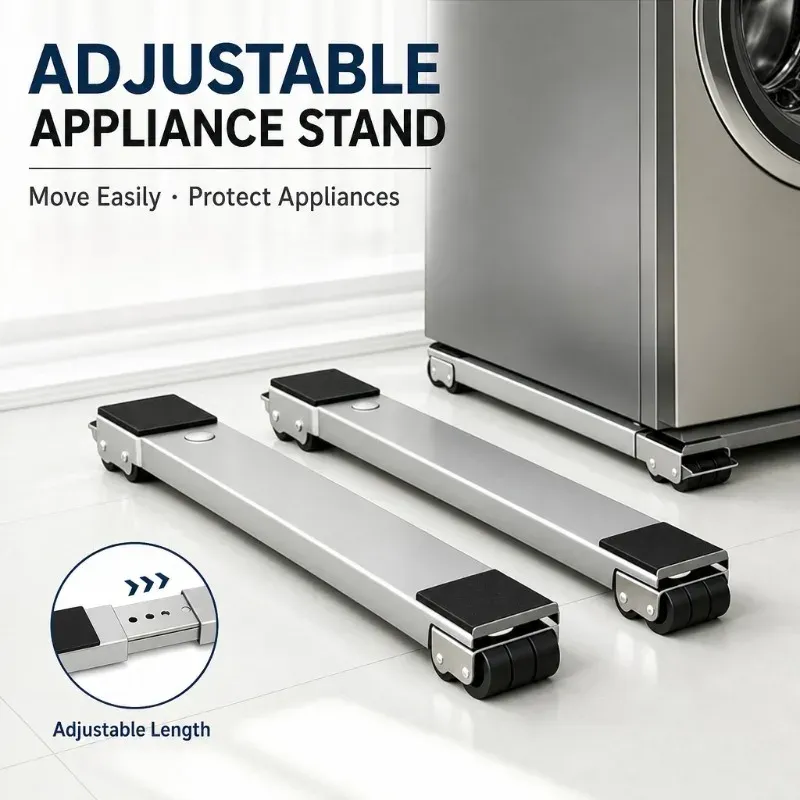 Base à roulettes réglable pour appareils mobiles, support de lave-linge robuste, support de déplacement pour réfrigérateur et sèche-linge, support antidérapant, 2 pièces - Image 1
