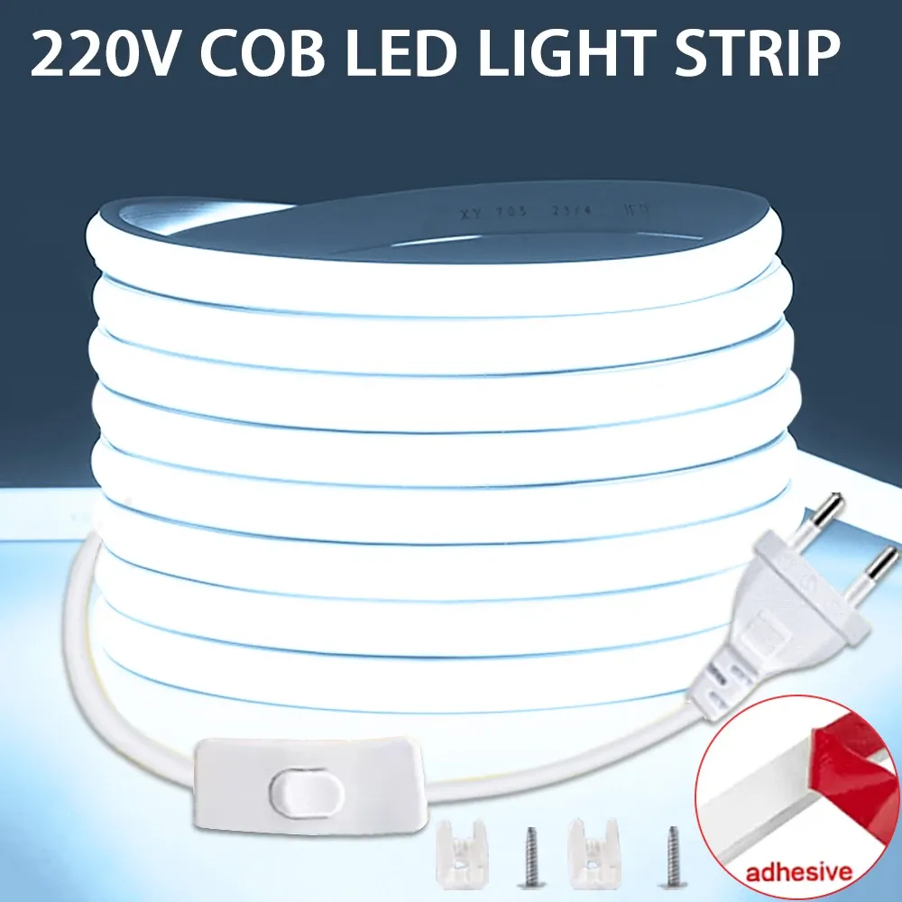 Bande LED COB 220 V avec prise européenne, ruban lumineux flexible pour la décoration de la cuisine et de la maison (avec ou sans interrupteur)