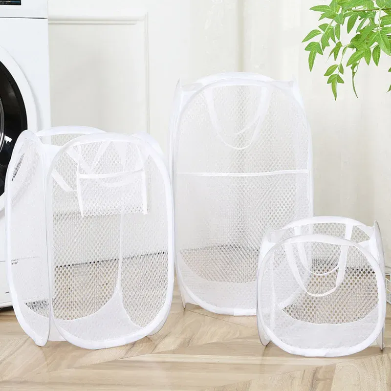Panier à linge pliable en maille pop-up, panier à vêtements portable et ventilé, rangement facile, sac de rangement pour vêtements de salle de bain - Image 1