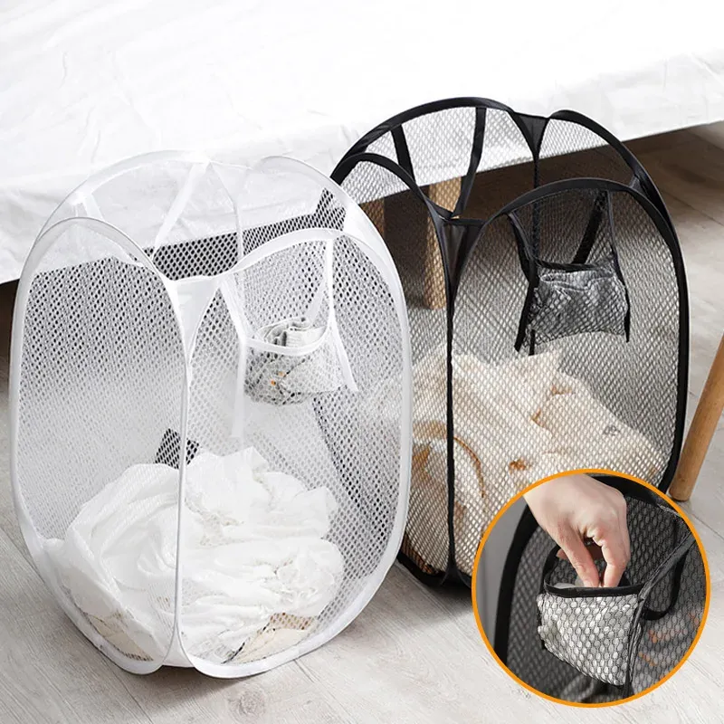Panier à linge pliable en maille pop-up, panier à vêtements portable et ventilé, rangement facile, sac de rangement pour vêtements de salle de bain 2