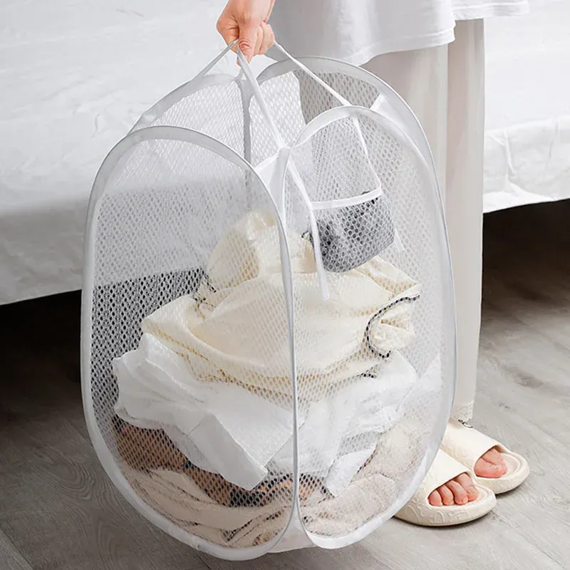 Panier à linge pliable en maille pop-up, panier à vêtements portable et ventilé, rangement facile, sac de rangement pour vêtements de salle de bain 4