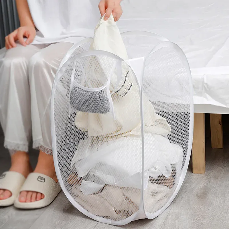 Panier à linge pliable en maille pop-up, panier à vêtements portable et ventilé, rangement facile, sac de rangement pour vêtements de salle de bain 5