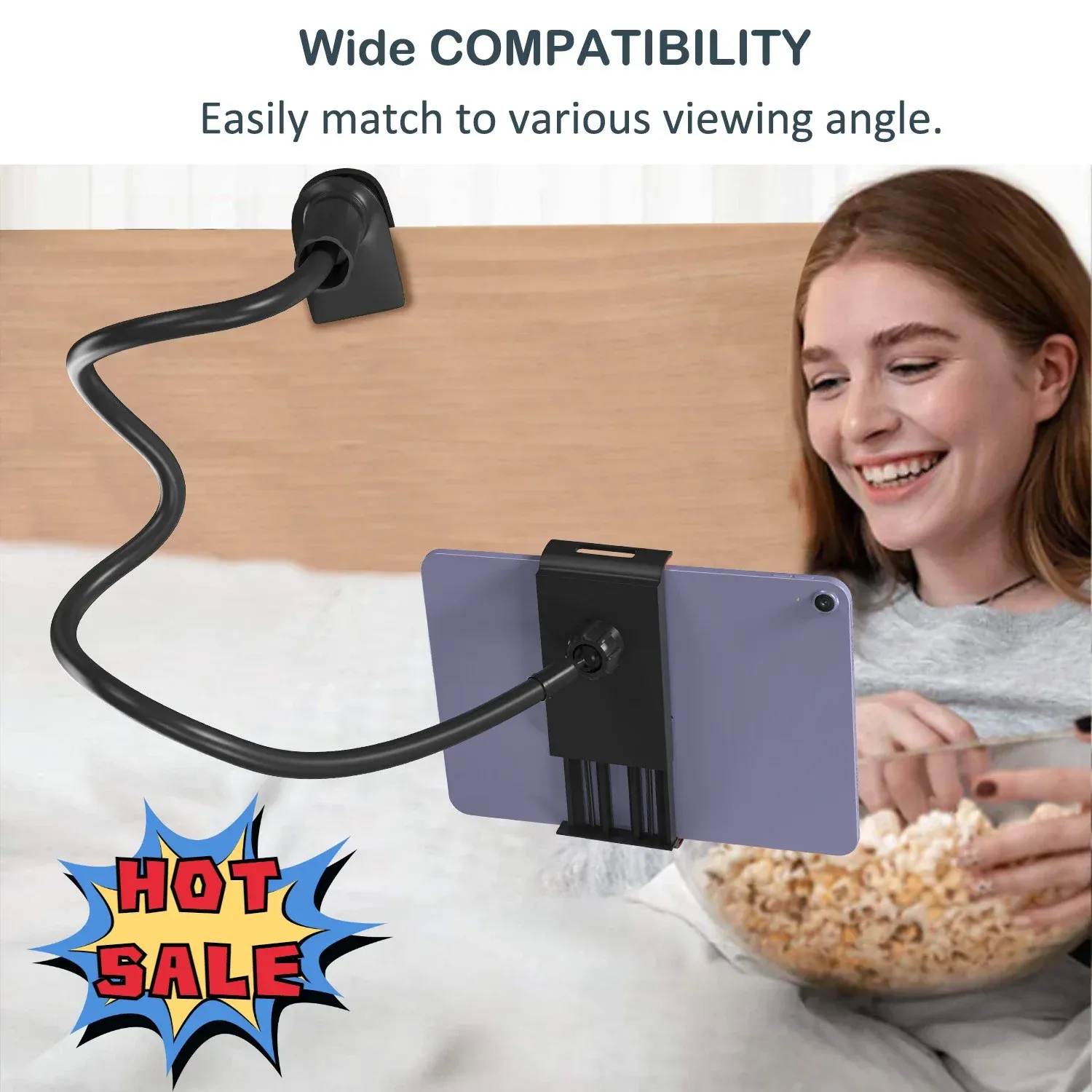 Support de téléphone et tablette réglable à 360° pour lit, bras flexible col de cygne avec pince de montage 1