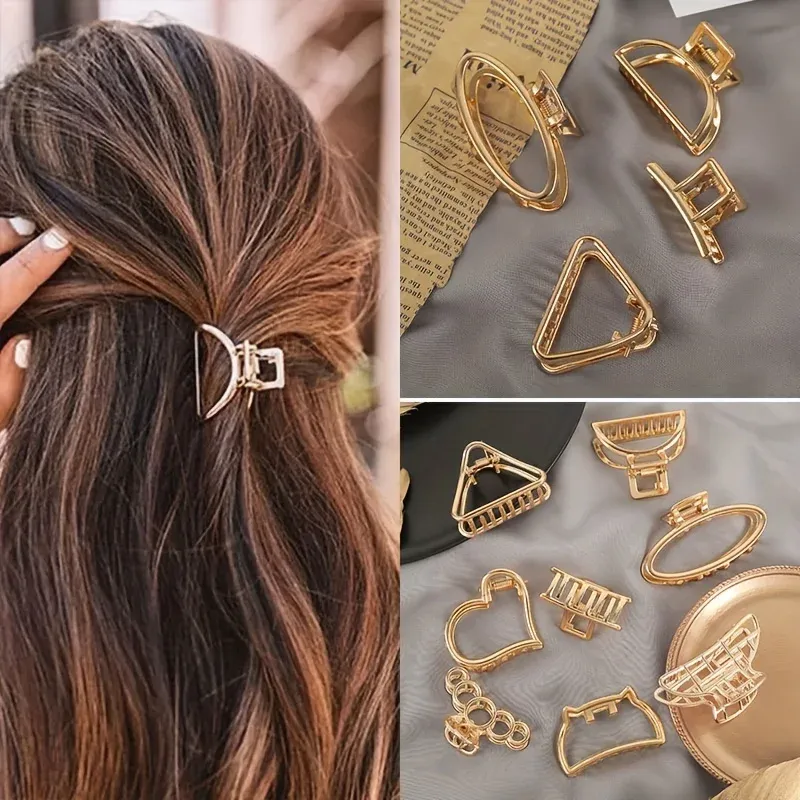 Pince à cheveux géométrique en métal doré, mini cœur évidé, antidérapante, design simple et moderne pour femmes et filles, usage quotidien - Image 1