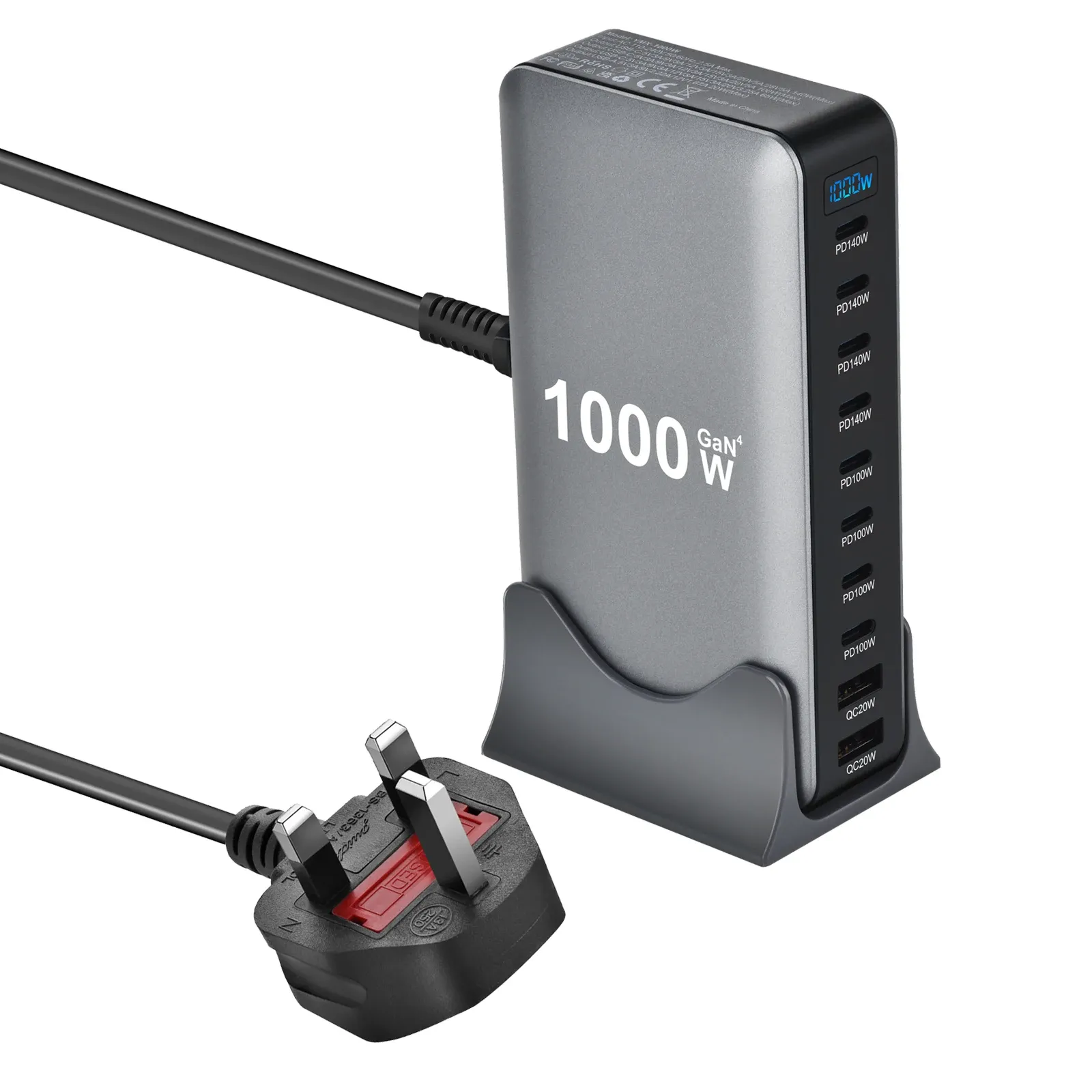 Station de charge de bureau GaN 1000 W, 10 ports, 140 W USB-C PD pour ordinateur portable MacBook Pro, 100 W pour tablette et téléphone, hub USB multiport 12