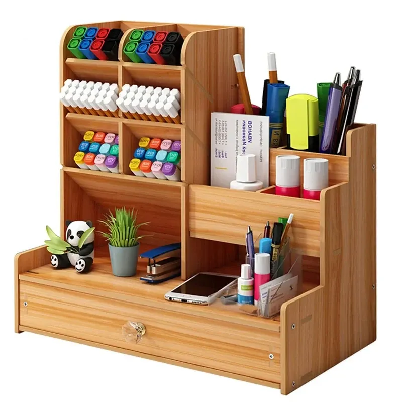 Organisateur de bureau en bois de grande capacité, porte-stylo, boîte de rangement pour bureau à domicile et école, bricolage - Image 1