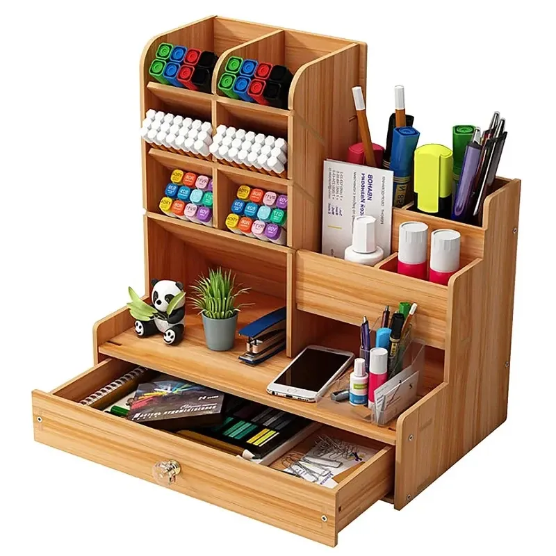 Organisateur de bureau en bois de grande capacité, porte-stylo, boîte de rangement pour bureau à domicile et école, bricolage 2