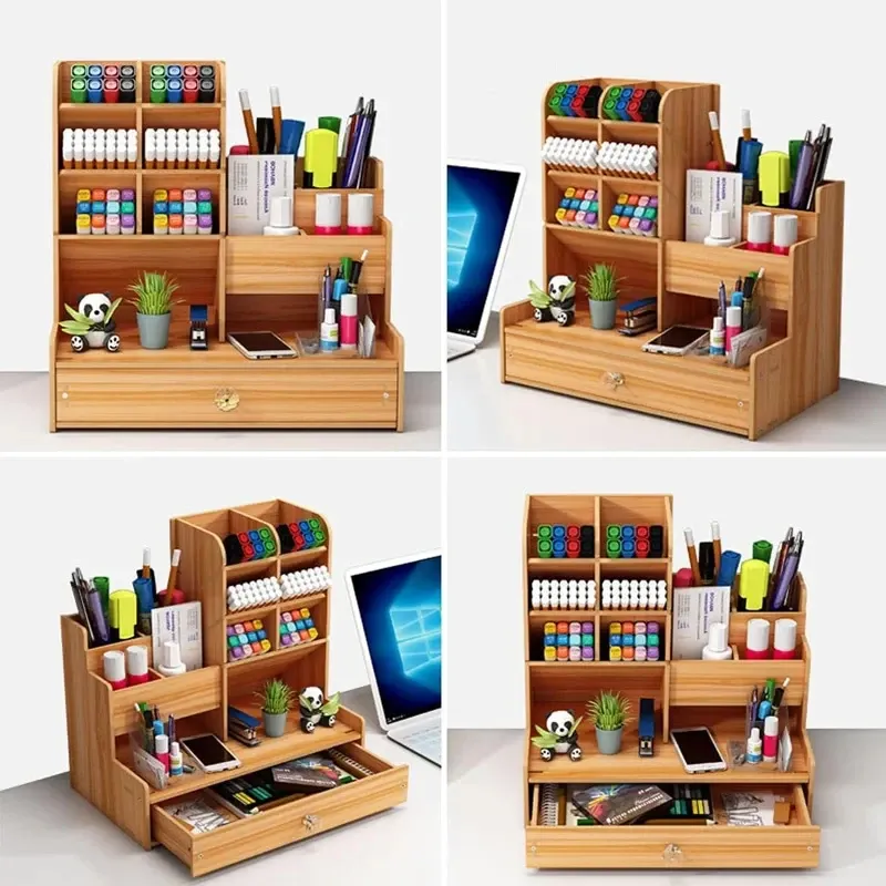 Organisateur de bureau en bois de grande capacité, porte-stylo, boîte de rangement pour bureau à domicile et école, bricolage 3
