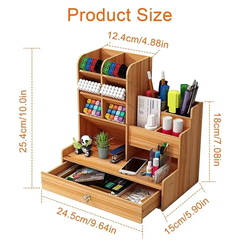 Organisateur de bureau en bois de grande capacité, porte-stylo, boîte de rangement pour bureau à domicile et école, bricolage 4