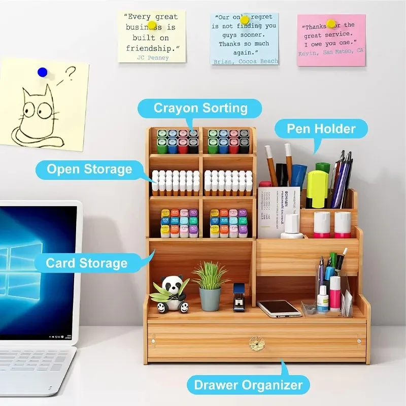 Organisateur de bureau en bois de grande capacité, porte-stylo, boîte de rangement pour bureau à domicile et école, bricolage 5