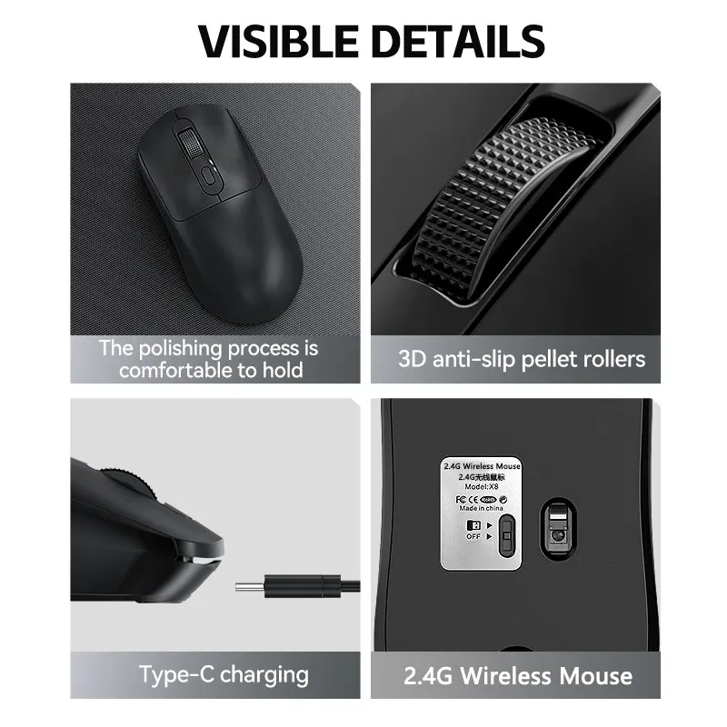 Warvank X8 Souris de jeu sans fil 500 mAh, USB Type-C, souris de bureau rechargeable compatible avec les ordinateurs portables et de bureau 6