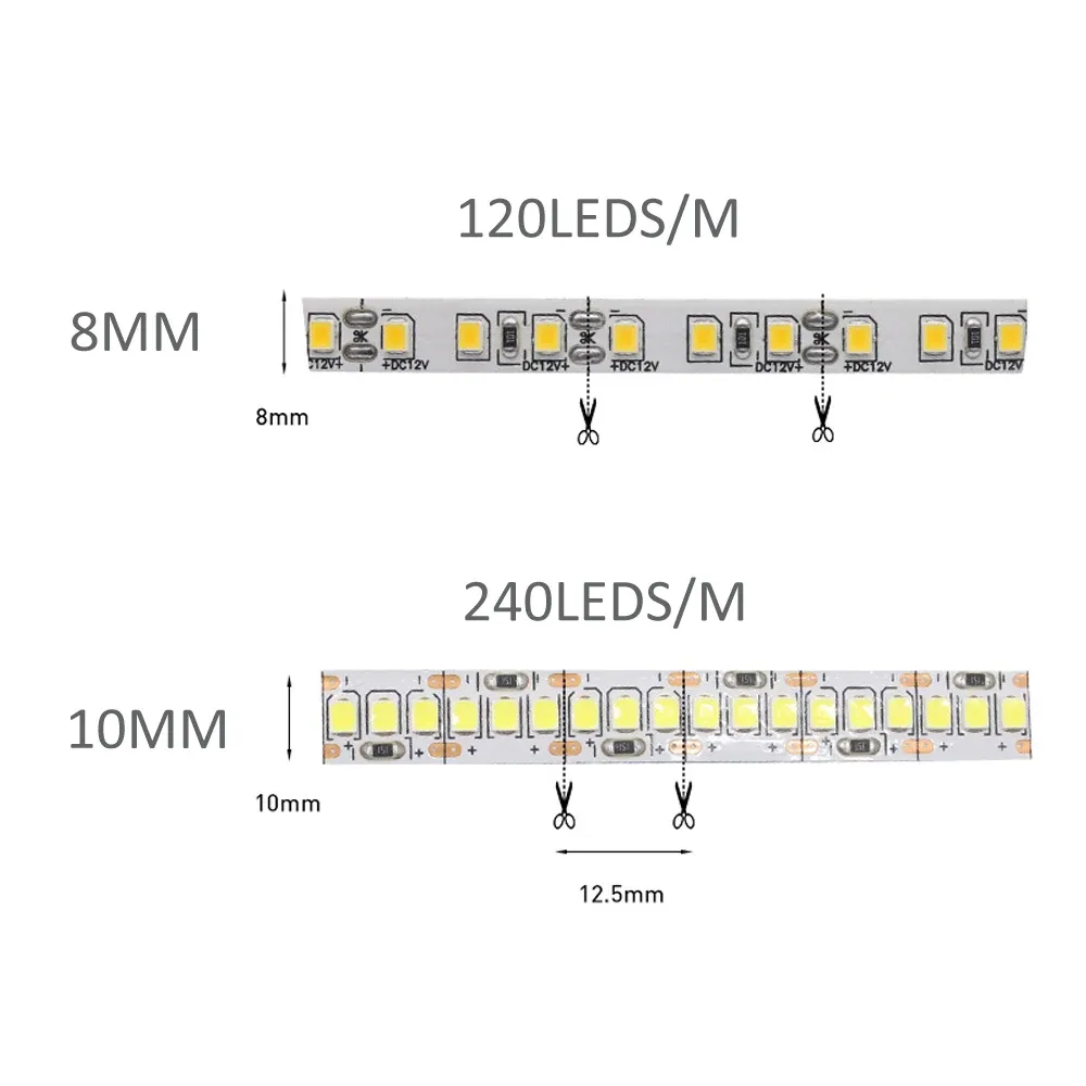 Ruban LED SMD 2835 12V, 1 m à 5 m, 120 LED/m ou 240 LED/m, blanc chaud, flexible, éclairage décoratif pour la maison 2