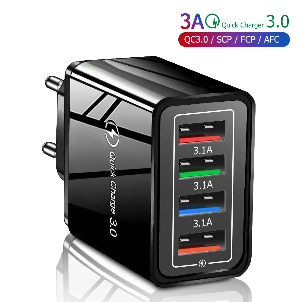 Chargeur USB 3A 4 ports, charge rapide 3.0, prise UE/US, adaptateur mural portable pour iPhone 16 Pro - Image 1