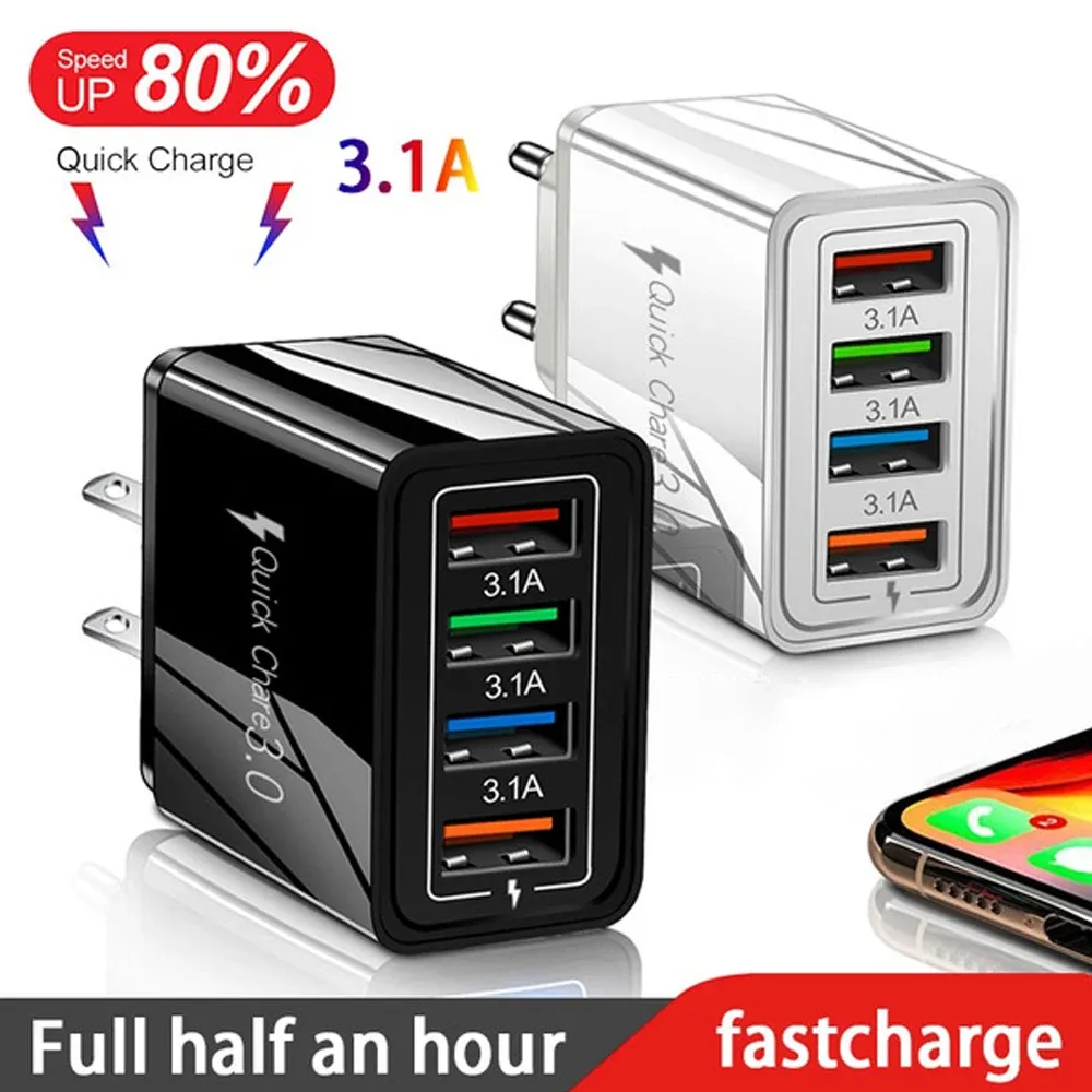 Chargeur USB 3A 4 ports, charge rapide 3.0, prise UE/US, adaptateur mural portable pour iPhone 16 Pro 6