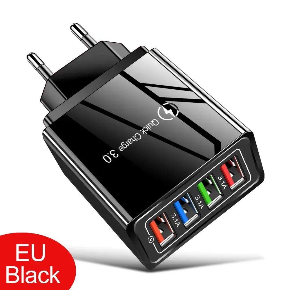 Chargeur USB 3A 4 ports, charge rapide 3.0, prise UE/US, adaptateur mural portable pour iPhone 16 Pro 9