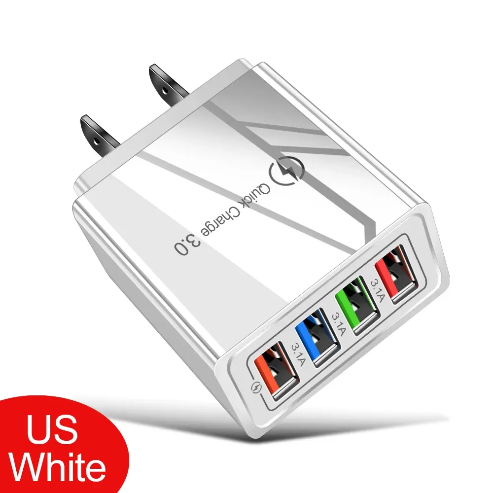 Chargeur USB 3A 4 ports, charge rapide 3.0, prise UE/US, adaptateur mural portable pour iPhone 16 Pro 12