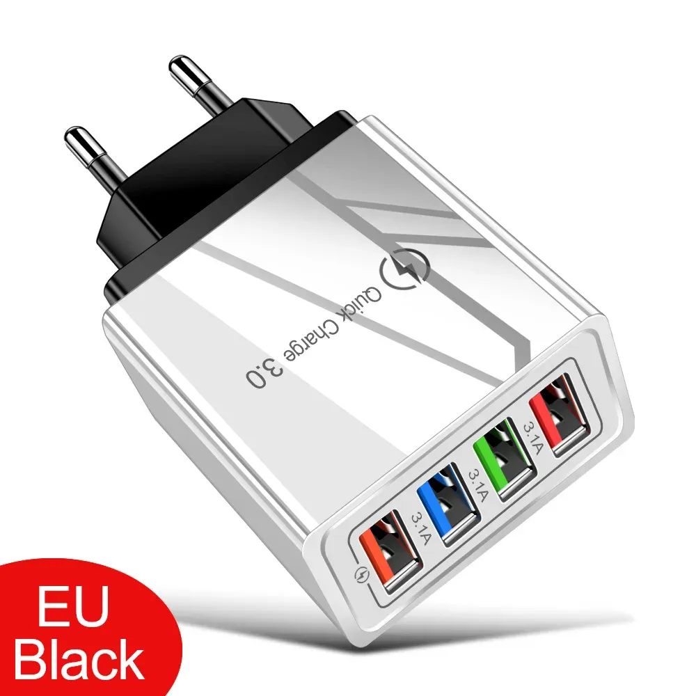 Chargeur USB 3A 4 ports, charge rapide 3.0, prise UE/US, adaptateur mural portable pour iPhone 16 Pro 13