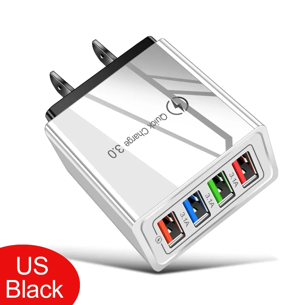 Chargeur USB 3A 4 ports, charge rapide 3.0, prise UE/US, adaptateur mural portable pour iPhone 16 Pro 14