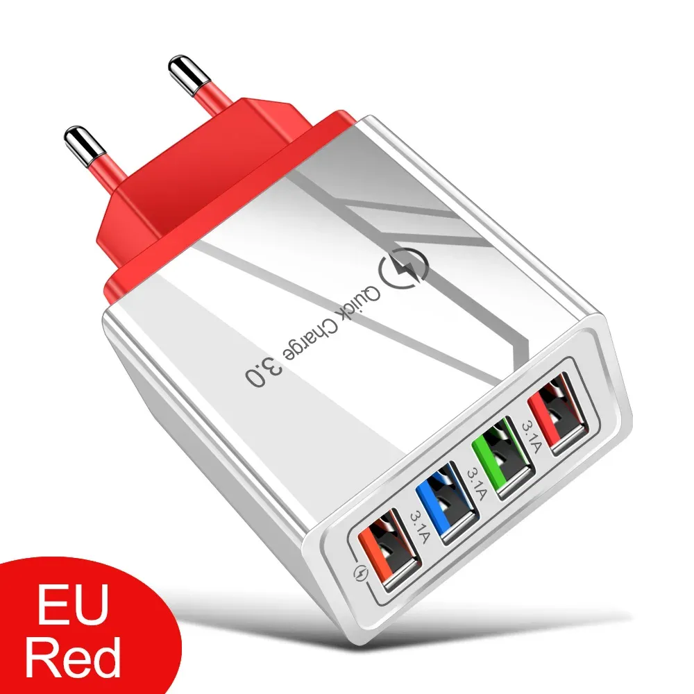 Chargeur USB 3A 4 ports, charge rapide 3.0, prise UE/US, adaptateur mural portable pour iPhone 16 Pro 15