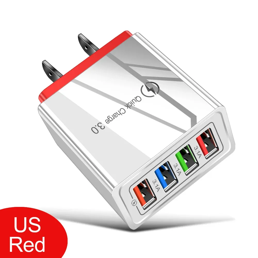 Chargeur USB 3A 4 ports, charge rapide 3.0, prise UE/US, adaptateur mural portable pour iPhone 16 Pro 16