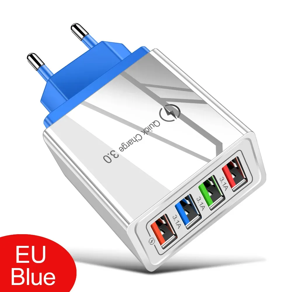 Chargeur USB 3A 4 ports, charge rapide 3.0, prise UE/US, adaptateur mural portable pour iPhone 16 Pro 17