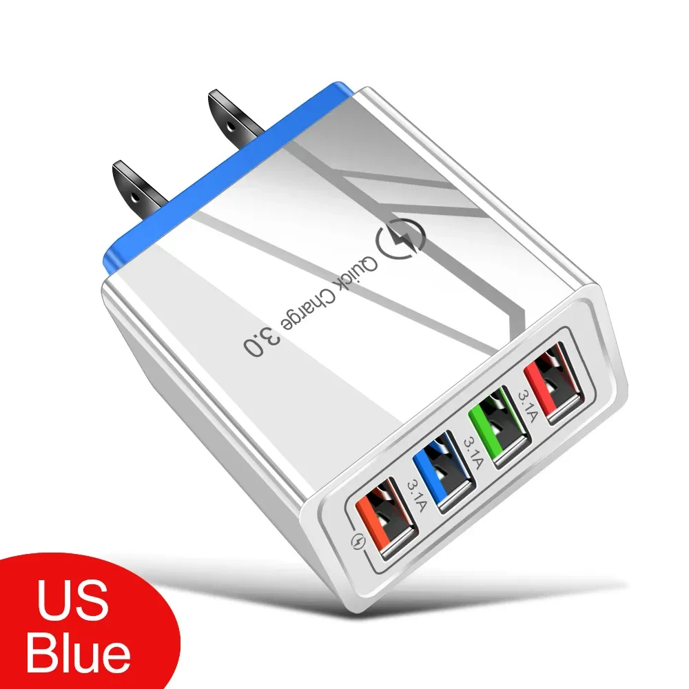 Chargeur USB 3A 4 ports, charge rapide 3.0, prise UE/US, adaptateur mural portable pour iPhone 16 Pro 18