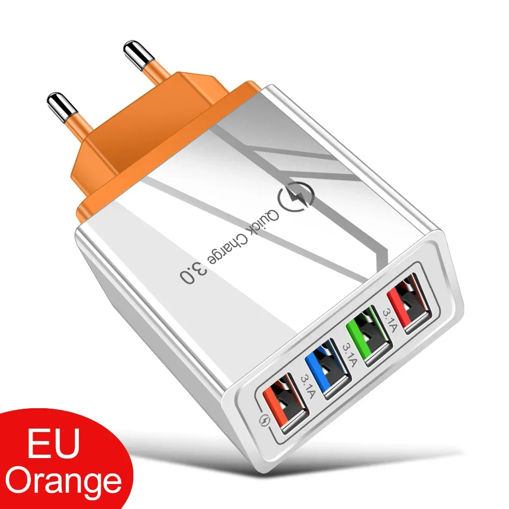 Chargeur USB 3A 4 ports, charge rapide 3.0, prise UE/US, adaptateur mural portable pour iPhone 16 Pro 7