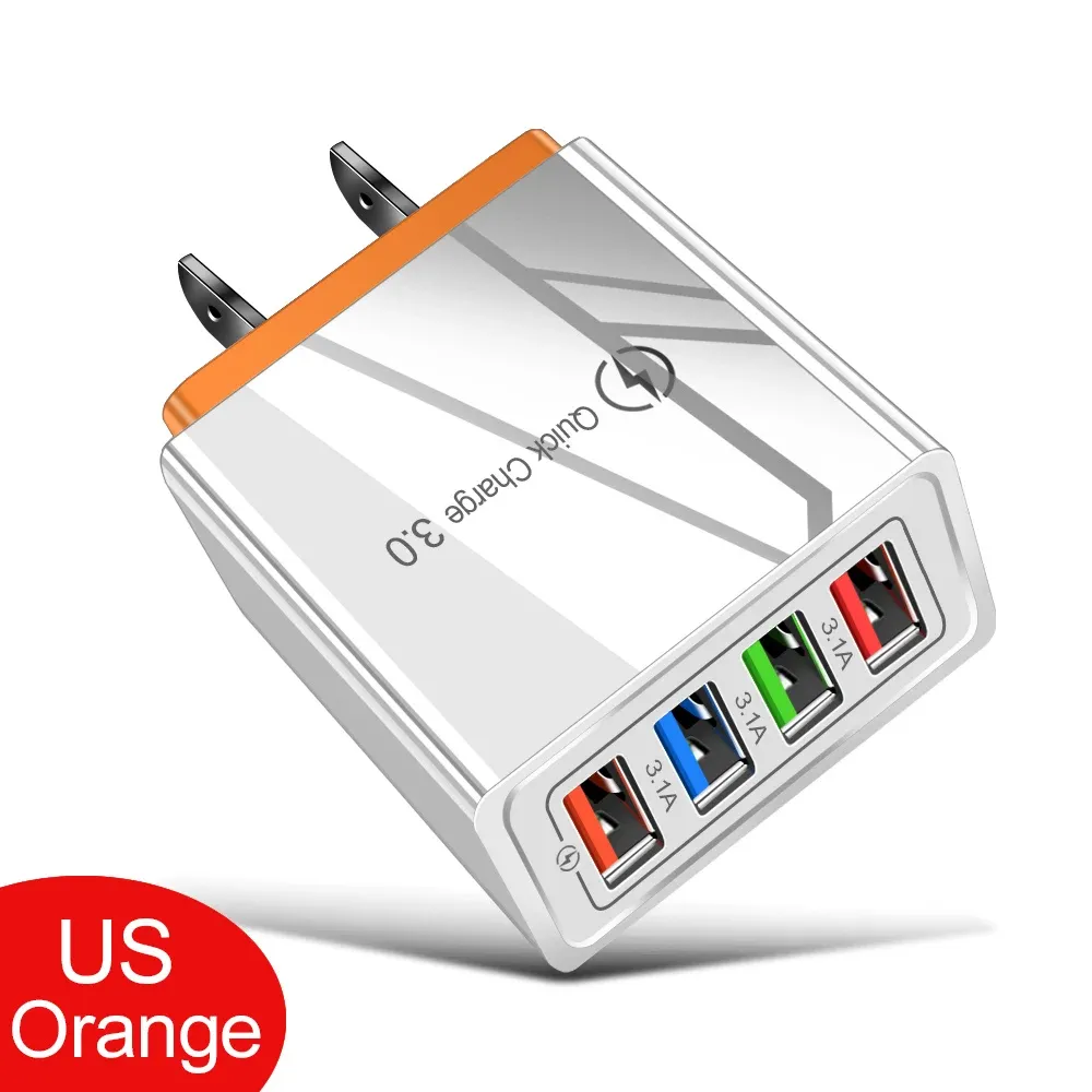 Chargeur USB 3A 4 ports, charge rapide 3.0, prise UE/US, adaptateur mural portable pour iPhone 16 Pro 8