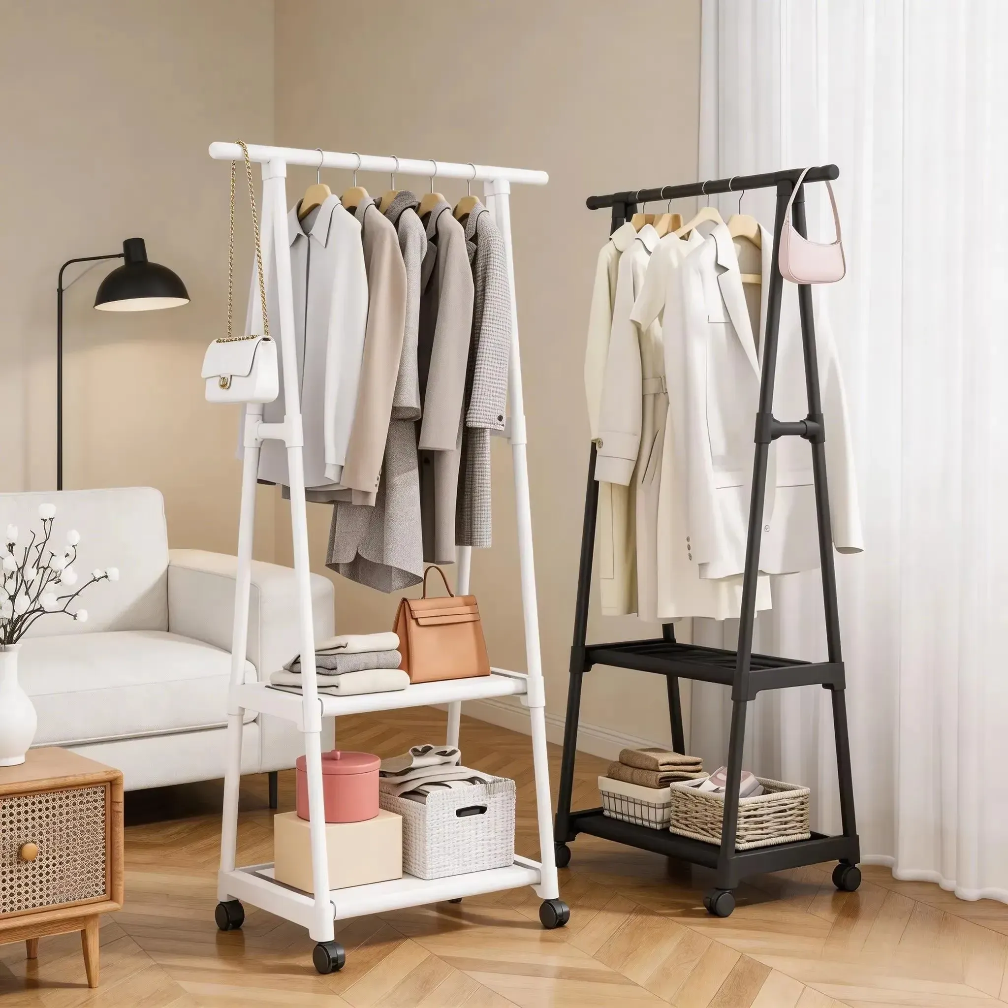 Porte-vêtements multifonctionnel avec étagère de rangement pour manteaux, organisateur compact et mobile pour chambre à coucher 2