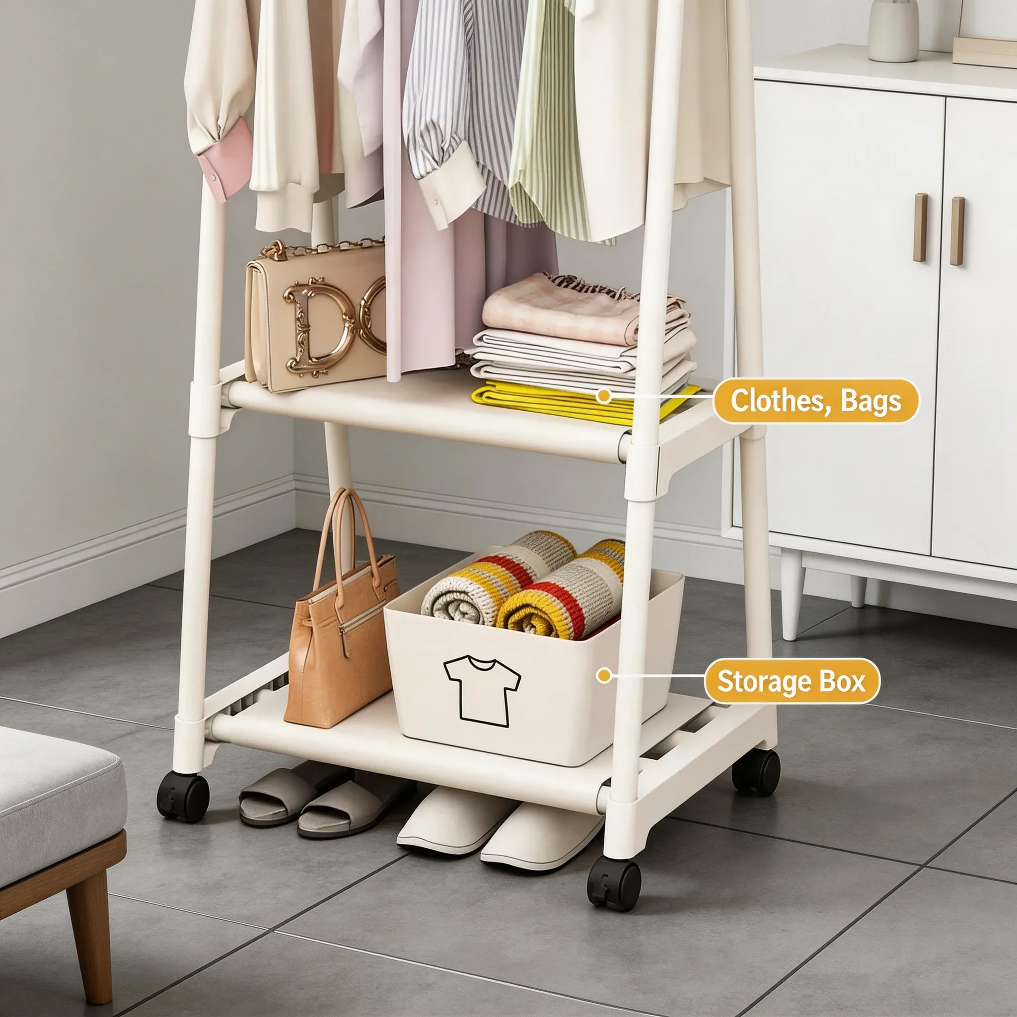Porte-vêtements multifonctionnel avec étagère de rangement pour manteaux, organisateur compact et mobile pour chambre à coucher 4