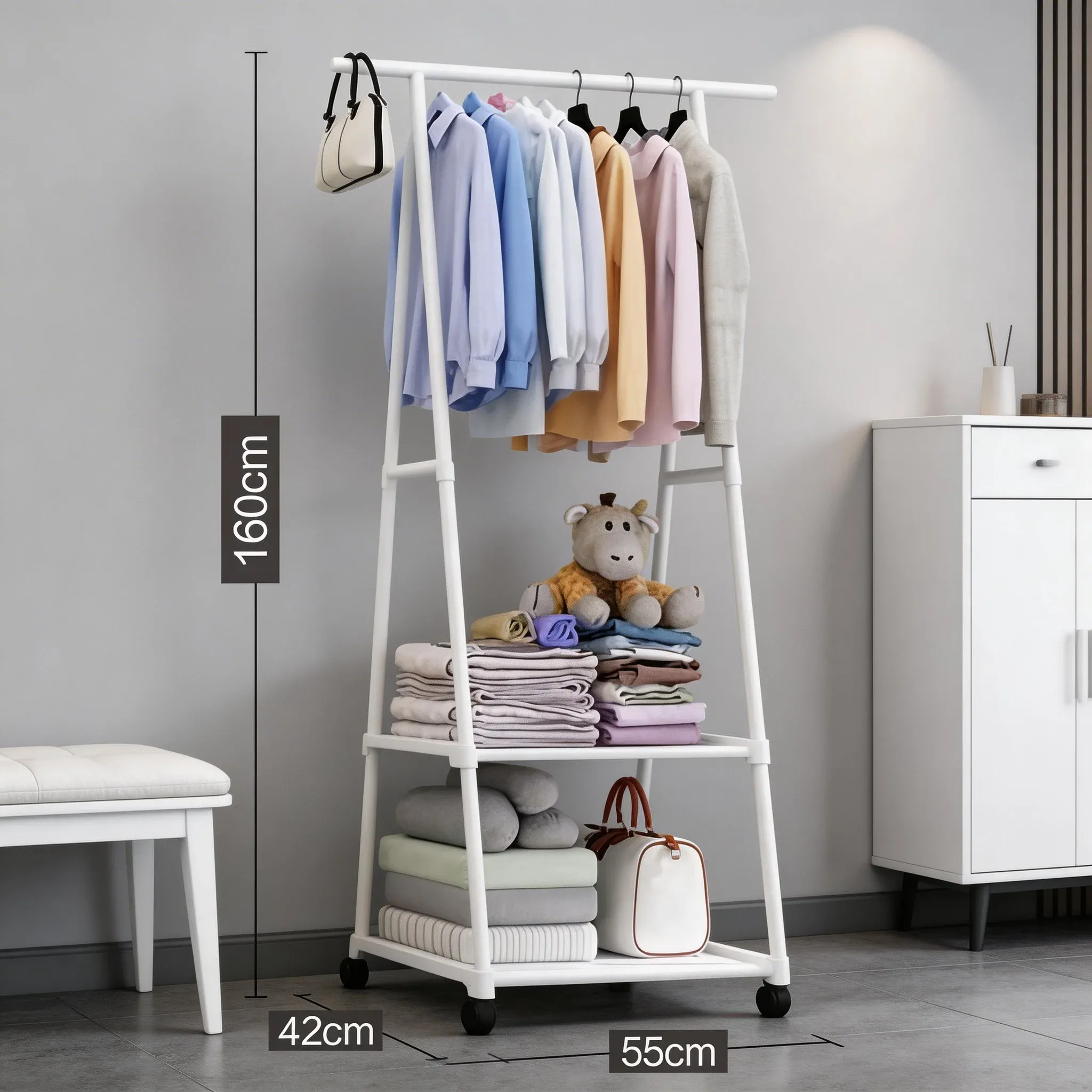 Porte-vêtements multifonctionnel avec étagère de rangement pour manteaux, organisateur compact et mobile pour chambre à coucher 7