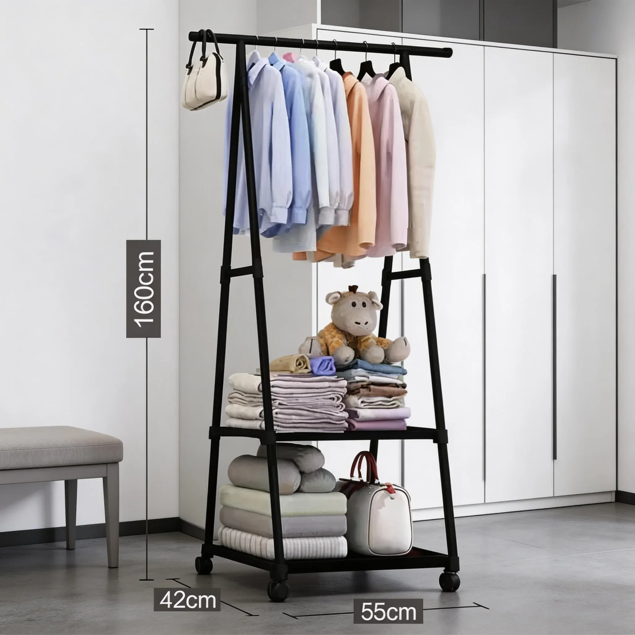 Porte-vêtements multifonctionnel avec étagère de rangement pour manteaux, organisateur compact et mobile pour chambre à coucher 8