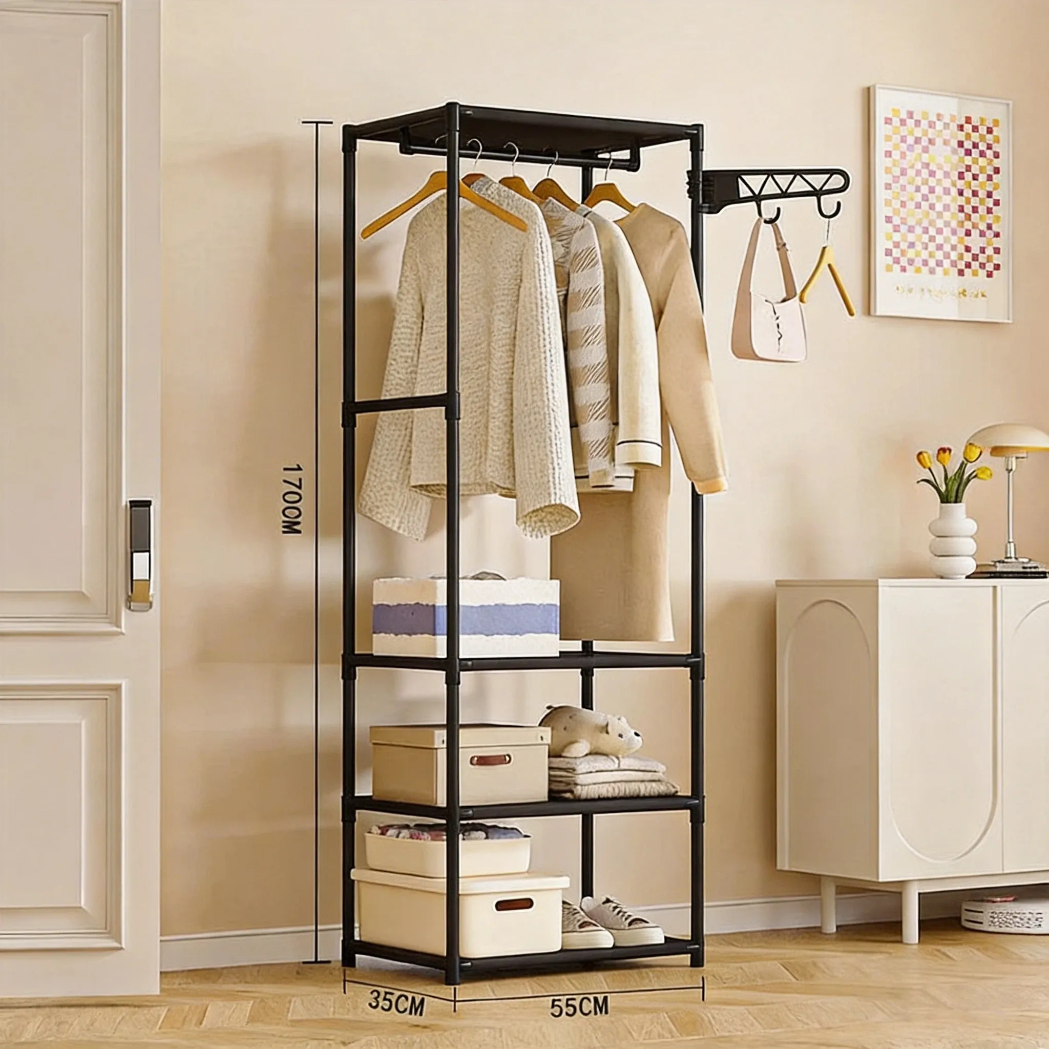 Porte-vêtements multifonctionnel avec étagère de rangement pour manteaux, organisateur compact et mobile pour chambre à coucher 9