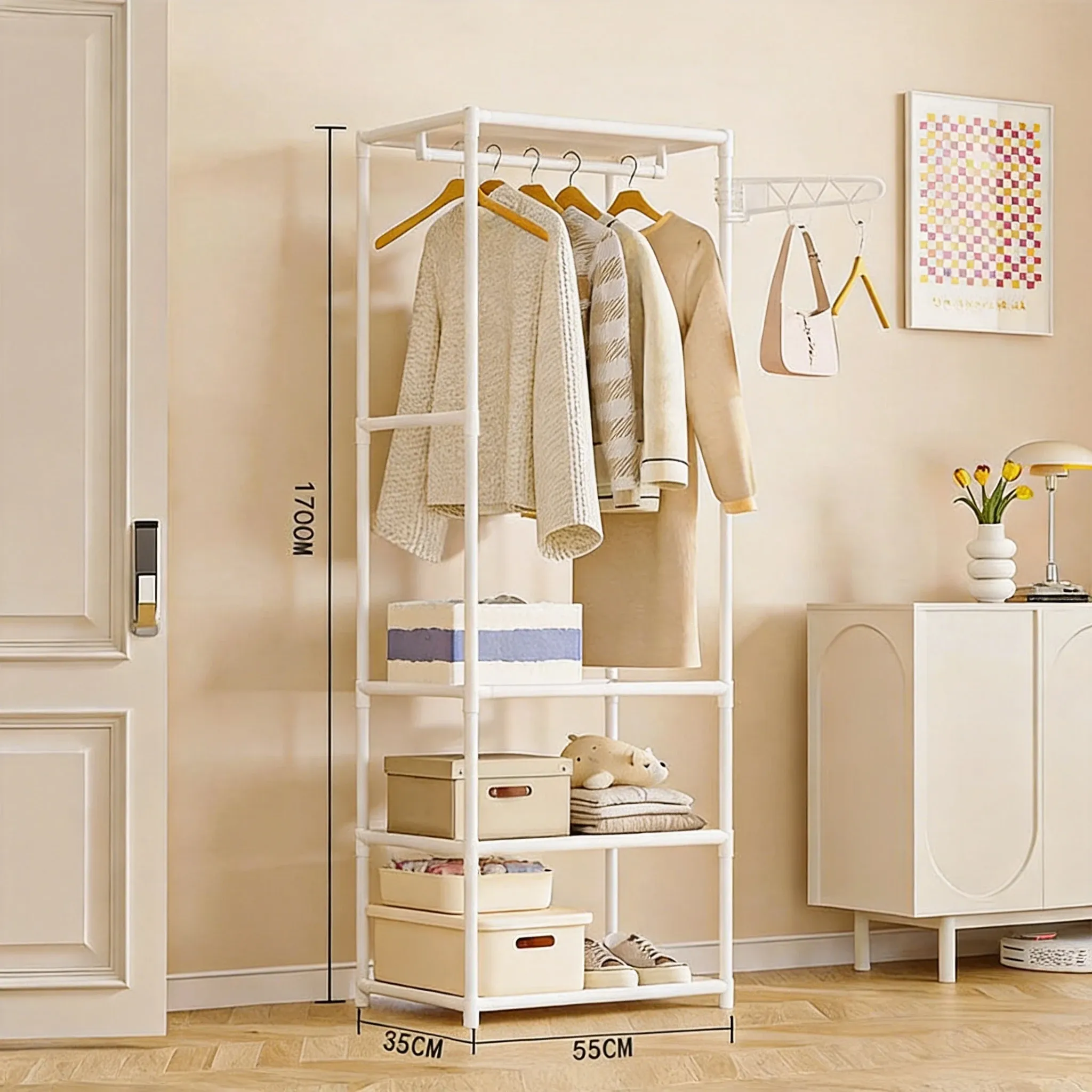 Porte-vêtements multifonctionnel avec étagère de rangement pour manteaux, organisateur compact et mobile pour chambre à coucher 10
