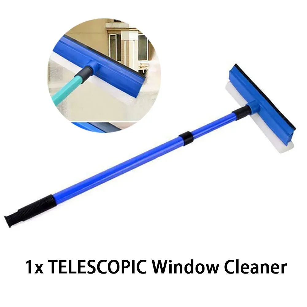 Nettoyeur de vitres télescopique 2 en 1 à long manche, avec brosse éponge, raclette et outil de nettoyage - Image 1