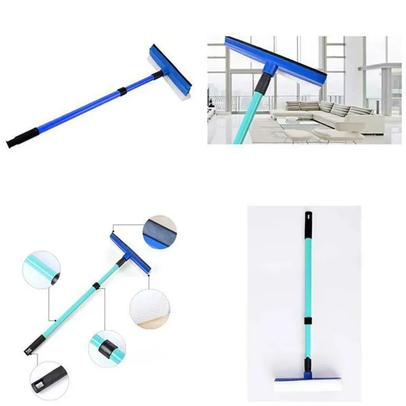 Nettoyeur de vitres télescopique 2 en 1 à long manche, avec brosse éponge, raclette et outil de nettoyage 2