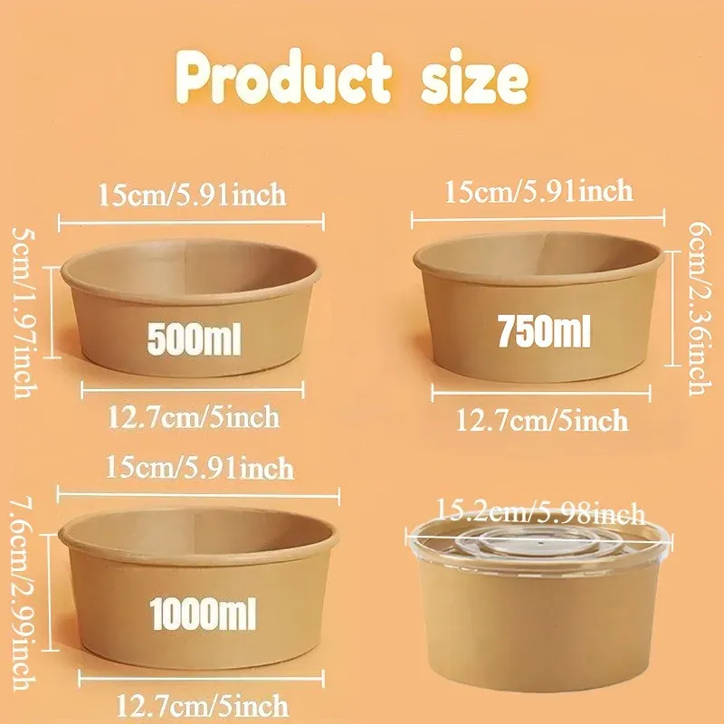 Bols ronds jetables en papier kraft, lot de 10 ou 20, bols bento avec couvercles, pour préparation de repas, salades, nouilles, fêtes et frites, boîte à emporter 3