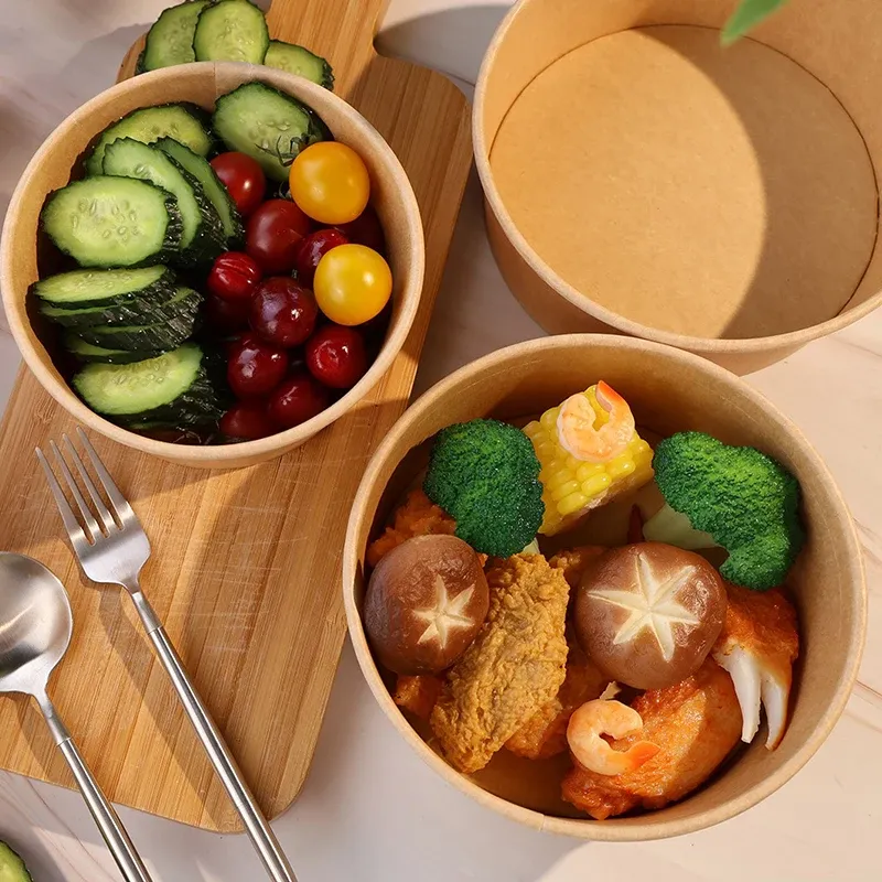 Bols ronds jetables en papier kraft, lot de 10 ou 20, bols bento avec couvercles, pour préparation de repas, salades, nouilles, fêtes et frites, boîte à emporter 5