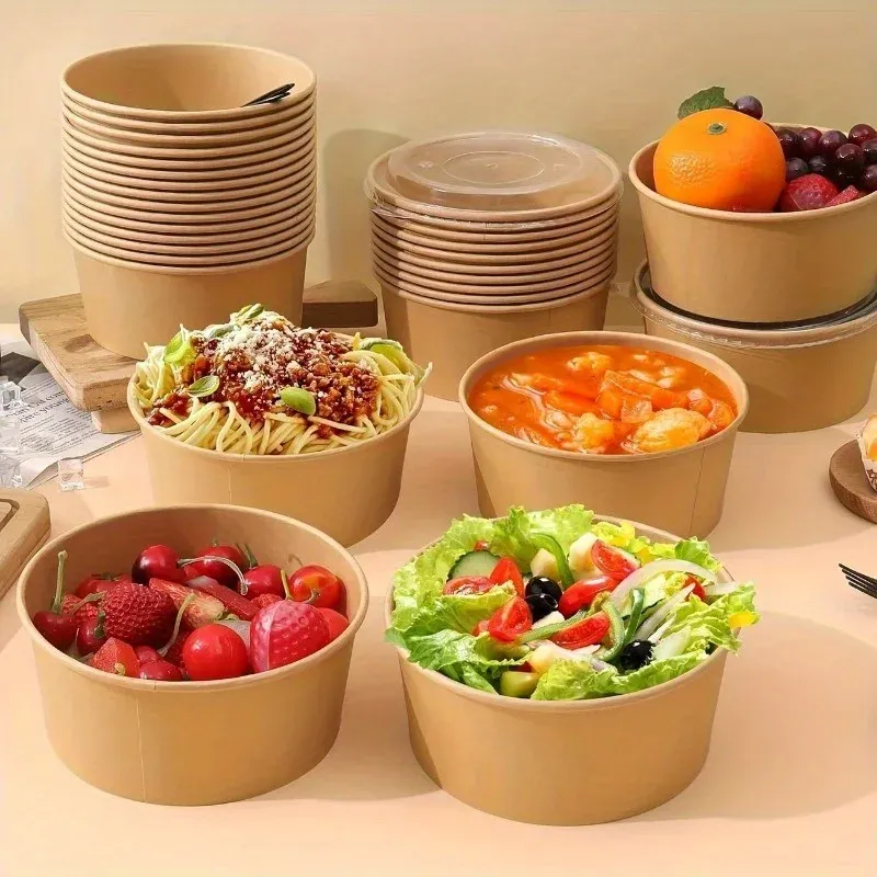 Bols en papier kraft avec couvercles, ambiance lifestyle