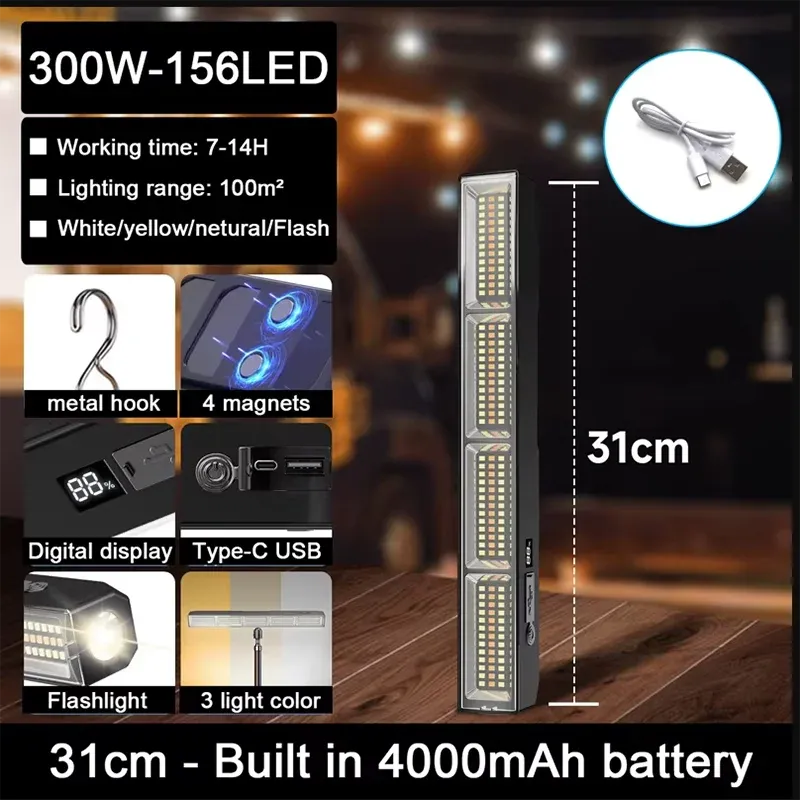 Barre lumineuse LED magnétique haute puissance, lampe de travail portable rechargeable par USB, 3 modes, étanche IP66, batterie externe de secours 9