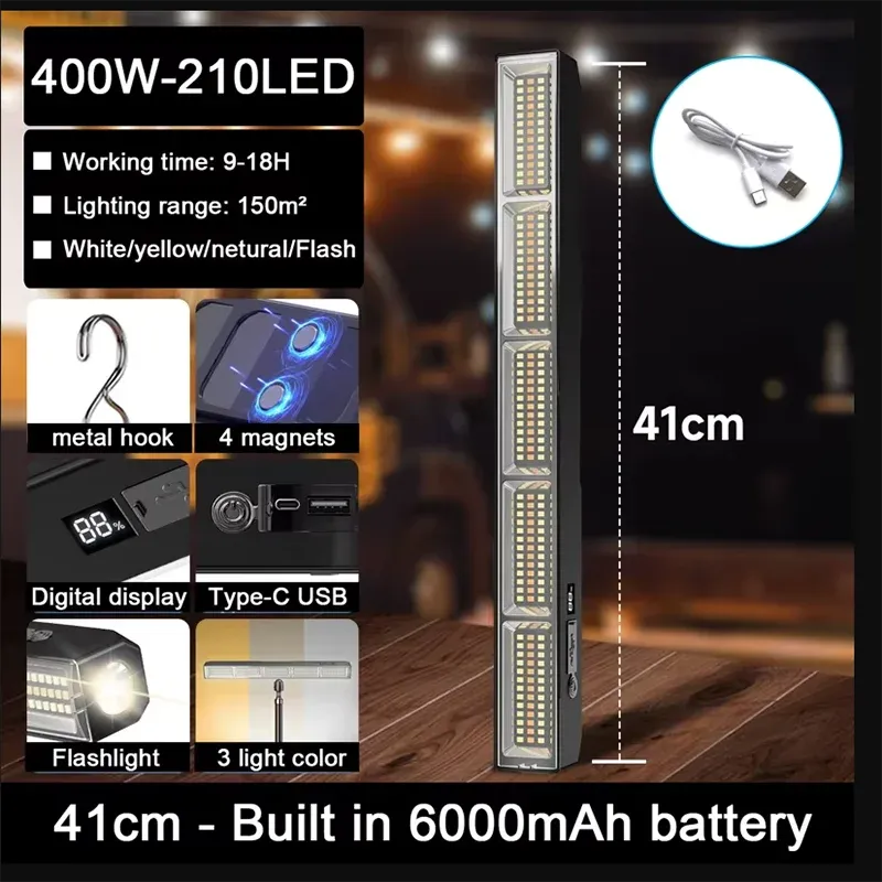 Barre lumineuse LED magnétique haute puissance, lampe de travail portable rechargeable par USB, 3 modes, étanche IP66, batterie externe de secours 7