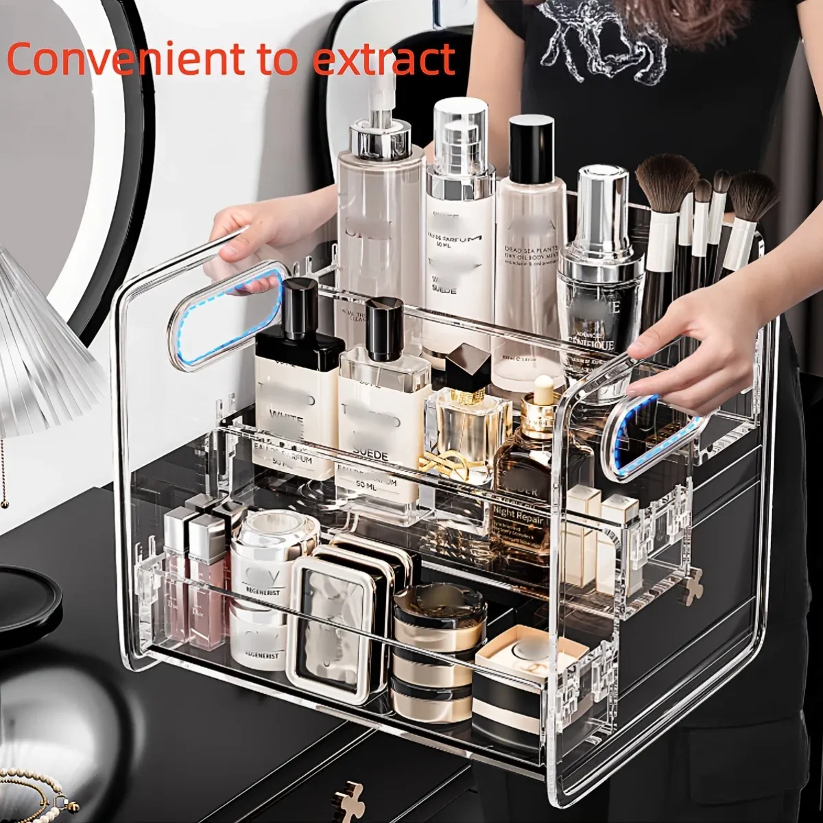 Organisateur de cosmétiques de bureau en acrylique transparent, panier de rangement incliné pour maquillage, rouge à lèvres, parfum, masque facial et plus, 1 pièce